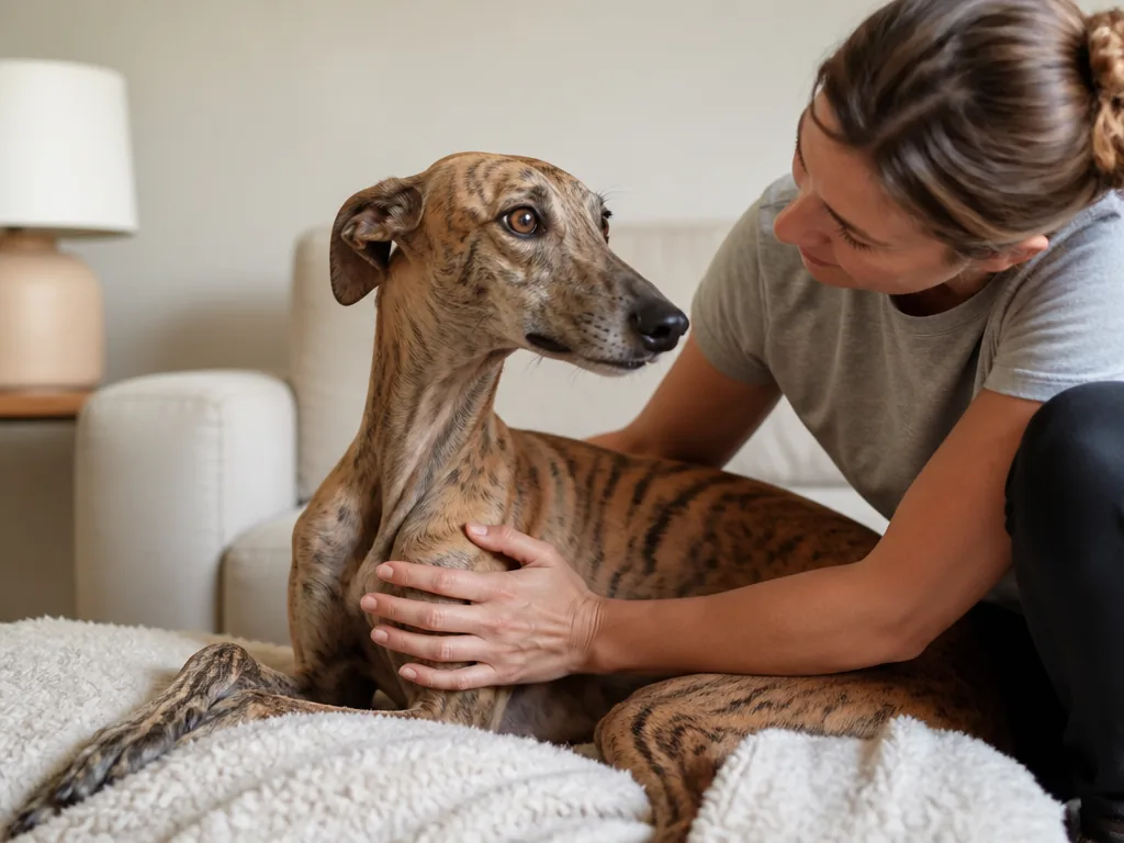 Un lévrier galgo espagnol dans un jardin, regardant au loin avec ses longues pattes et son museau fin