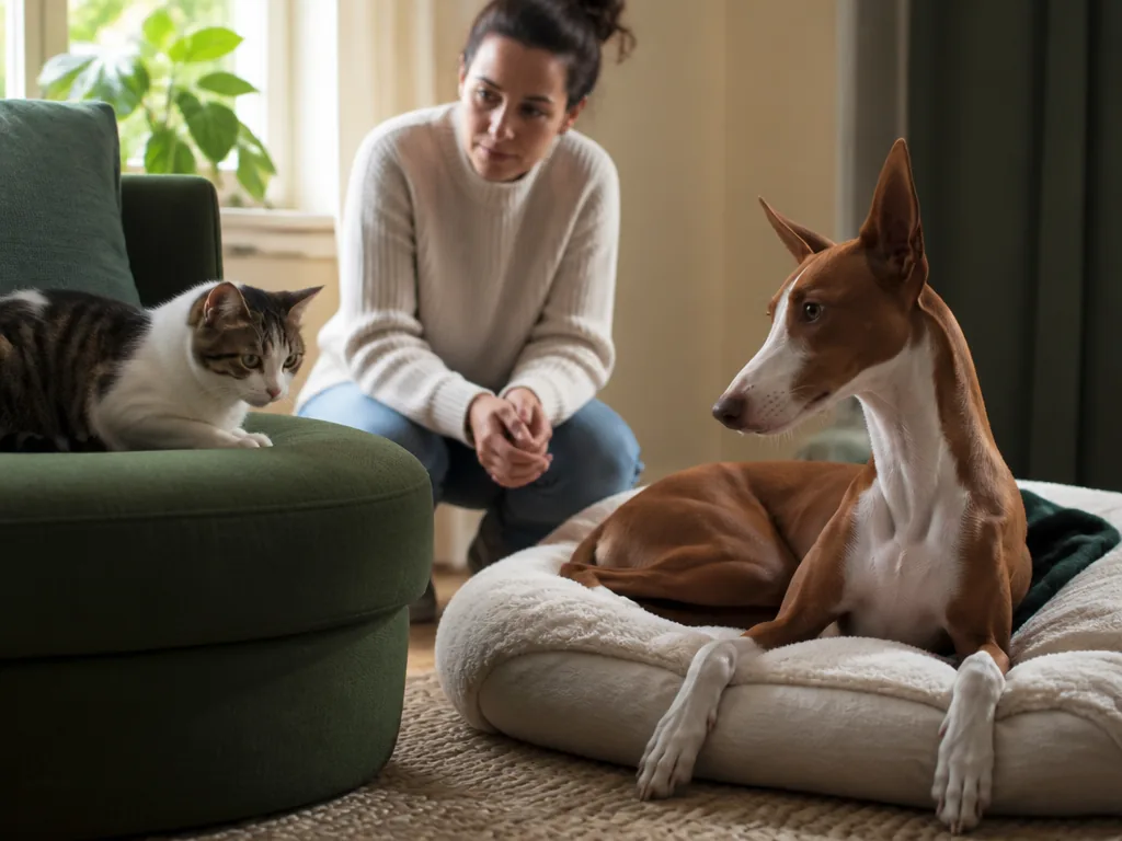 Un podenco et un chat se reniflent dans un salon lors des présentations