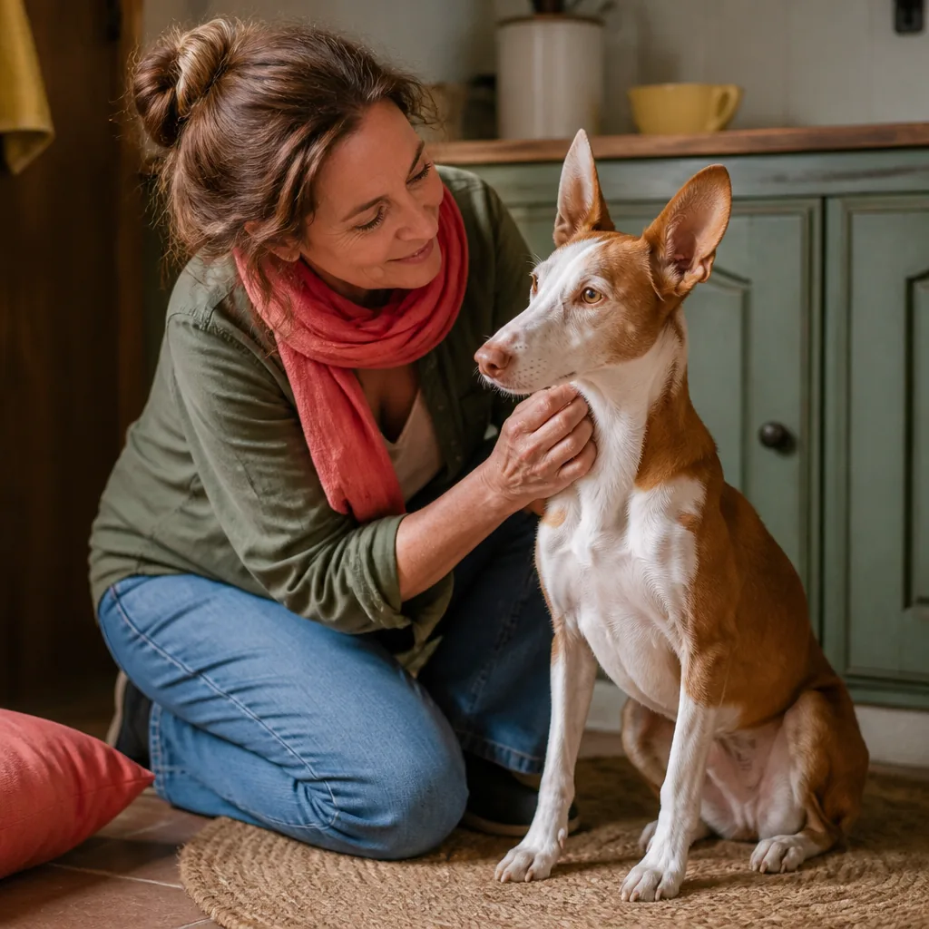 Un podenco adopté gambade avec son parrain lors d'une promenade ensoleillée